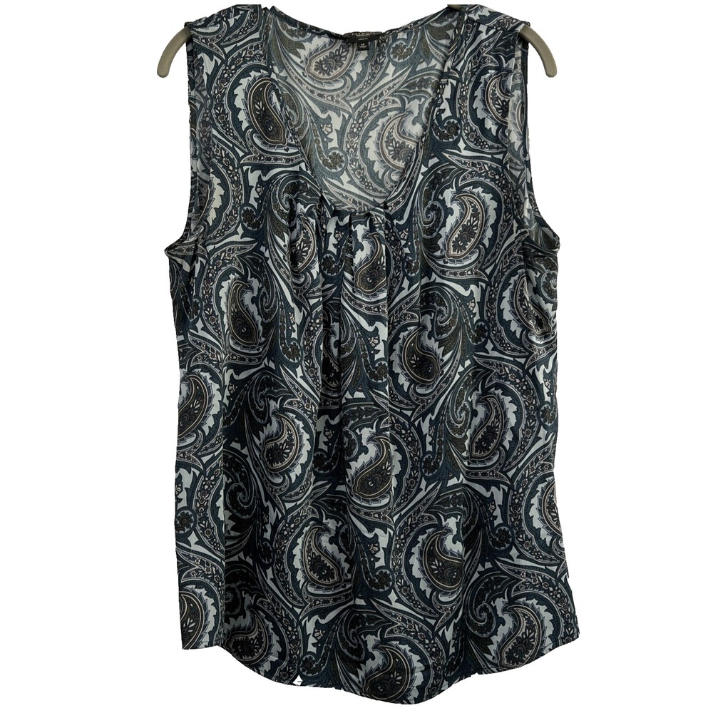 Talbots Womens 14 Paisley Silk Stretch Sleeveless Blouse Blue Grey Top 5877